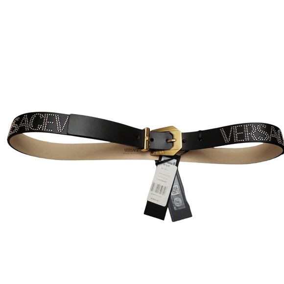 Versace Logo Studded Allover Leather Belt Black Gold $975 Large 90 cm New w/tag - Picture 5 of 10